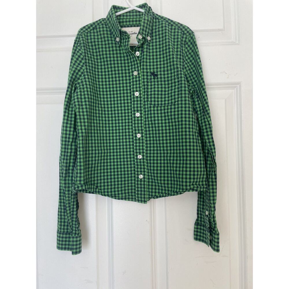 Abercrombie & Fitch Shirt Boys Size Small Plaid Button Down Gingham Green Blue